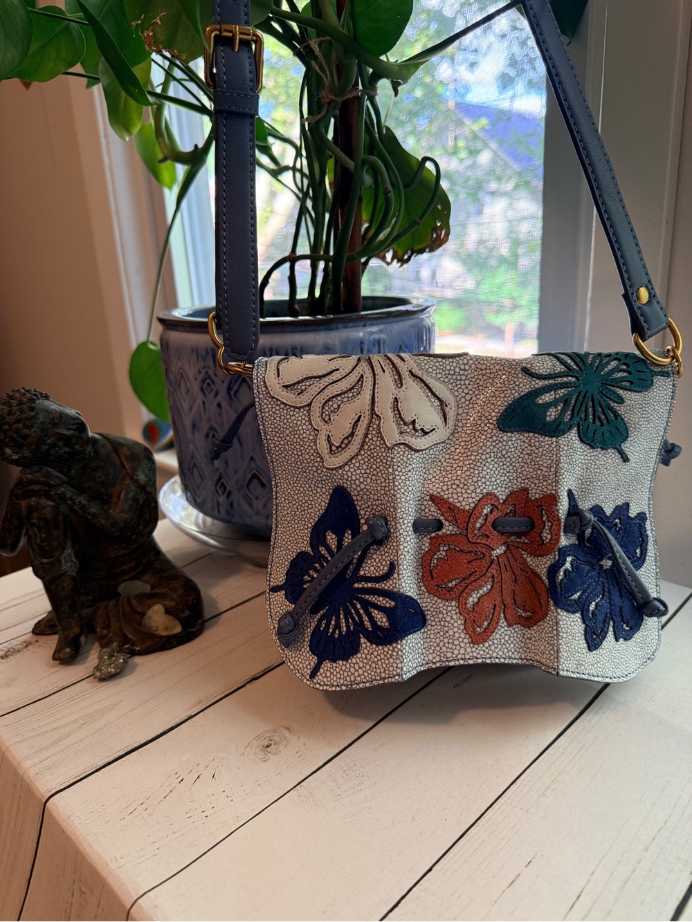 Sharif | Blue & White Crossbody with Leather Butterfly and Flower Appliqués